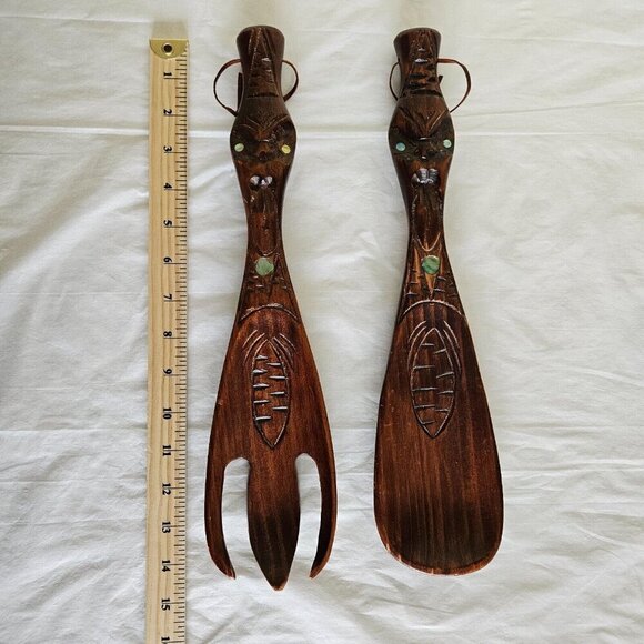 Wood Carved Salad Serving Spoon And Fork Vintage Tribal Maori New Zealand 80s - Picture 2 of 13